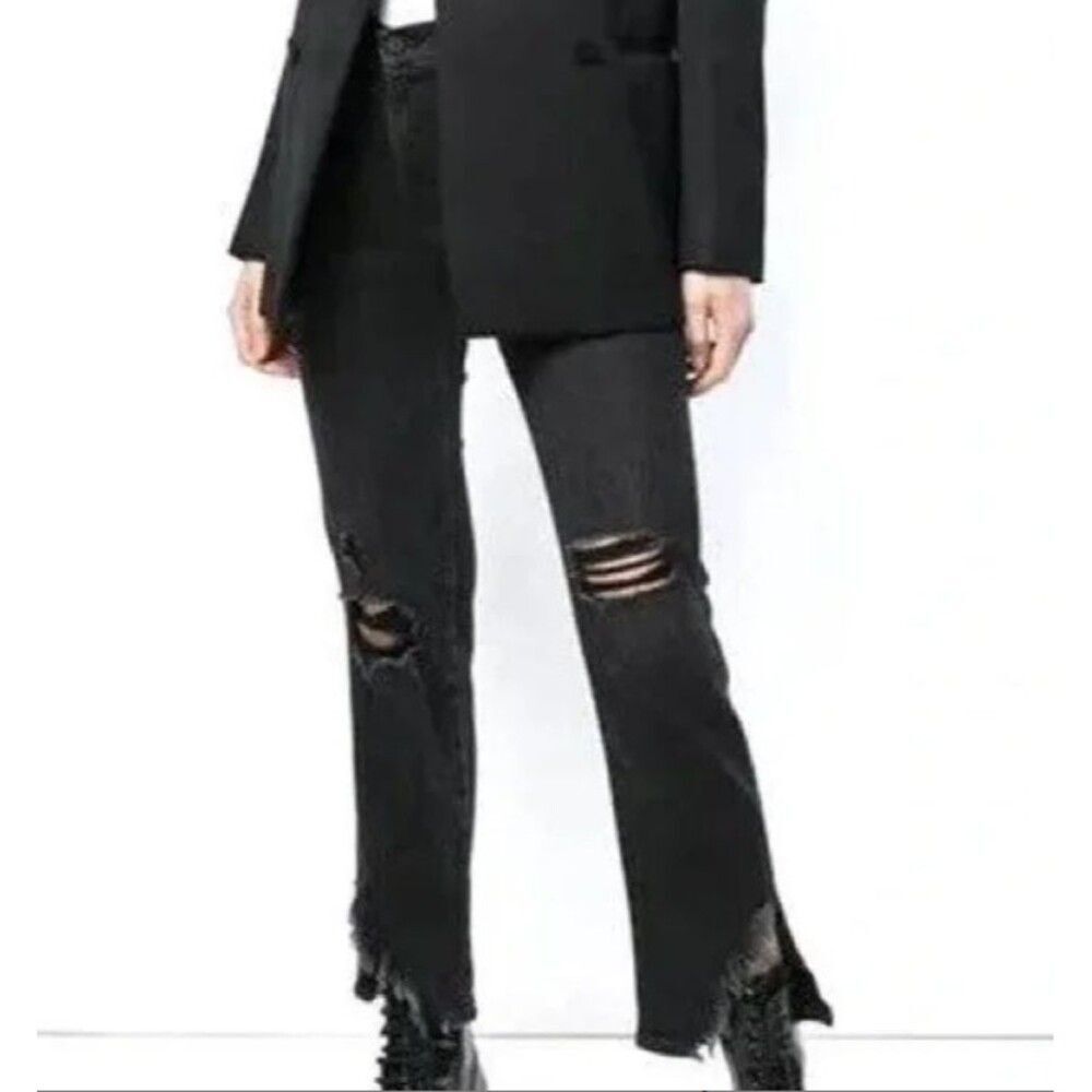 Frame Denim Le High Rise Straight Side Fray Distressed Killington Black Jeans 28